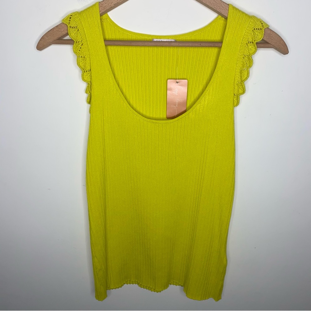 NWT ESQUALO Copper Penny Chartreuse Sleeveless Knit Top and Crochet Sleeves